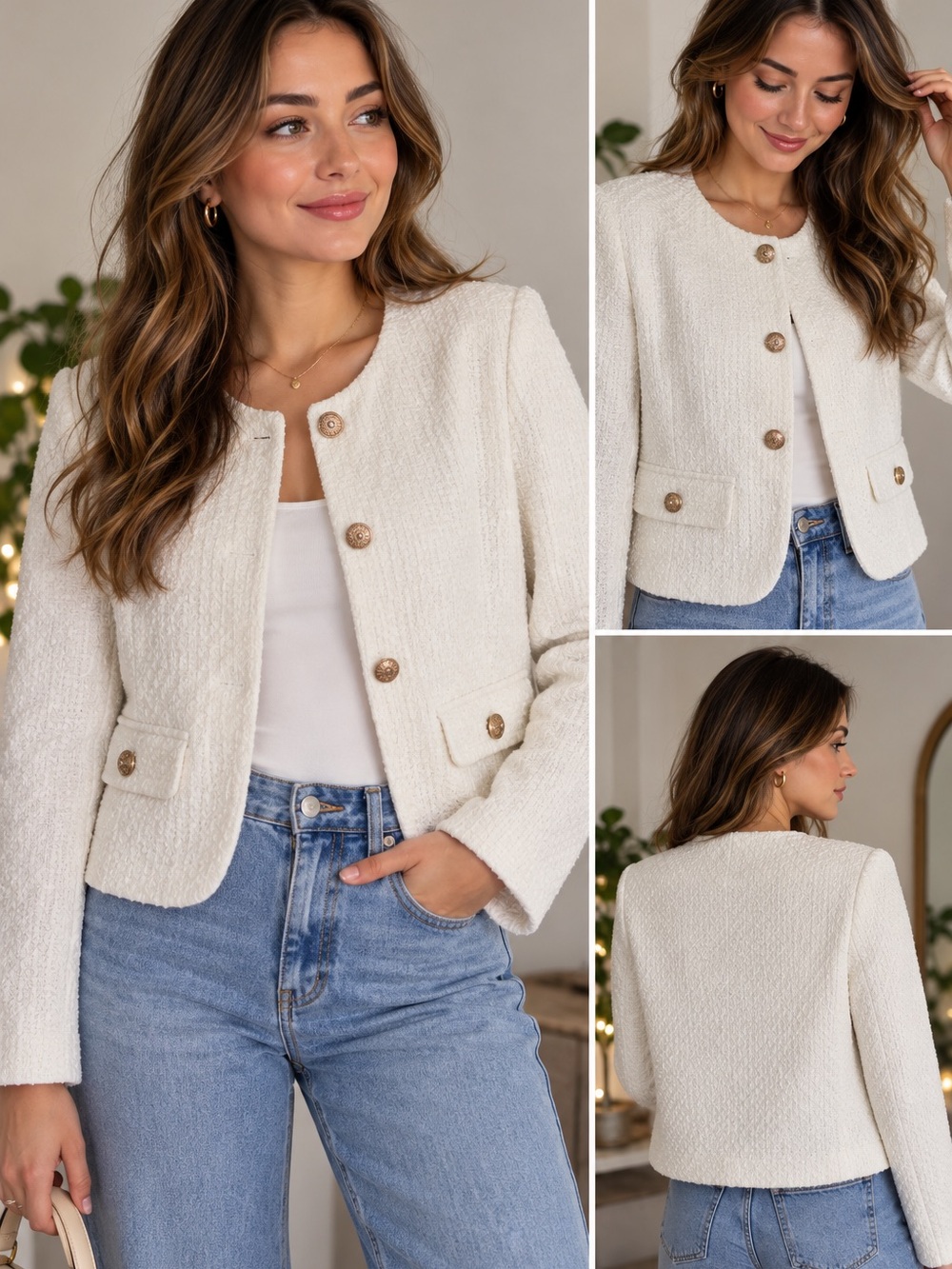 Urban Revivo Ivory Bouclé Tweed Jacket Gold Buttons NWT Size XL / US 10